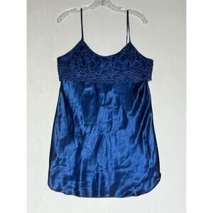 VTG Intimate Moods Chemise Slip Womens Medium Blue Lace Overlay Mini Dress